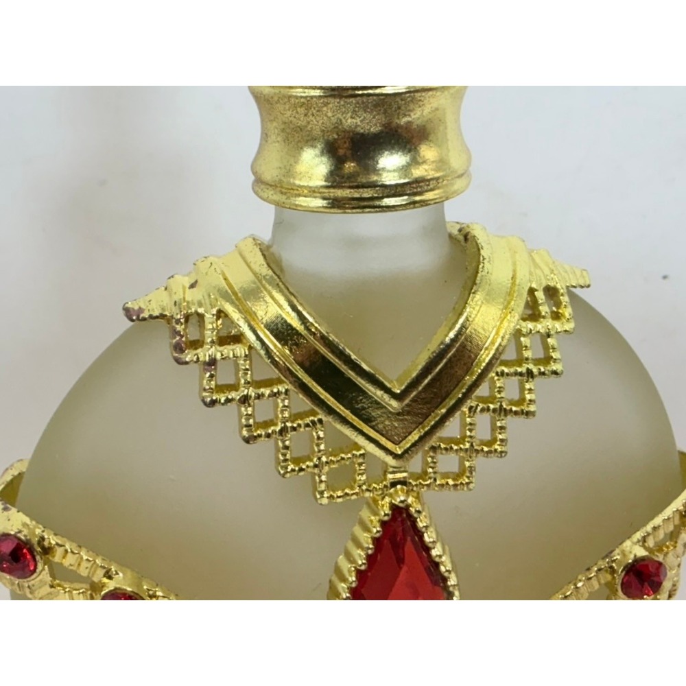 Vintage Style Gold Filigree Perfume Bottle Frosted Glass Red Rhinestones 5.25" - Picture 4 of 5